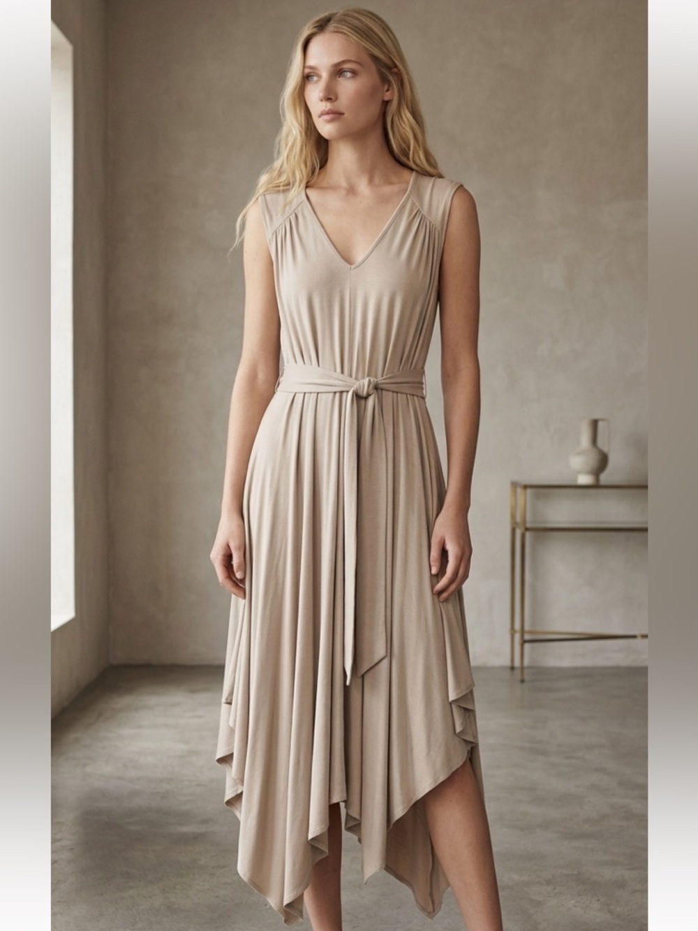 BCBG Max Azria NWT Pebble Cream Handkerchief Hem Midi Dress XS XXS $218